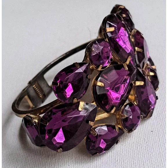 VTG Bold N Beautiful Purple Rhinestone Clamper Bracelet 1960's - Picture 9 of 16